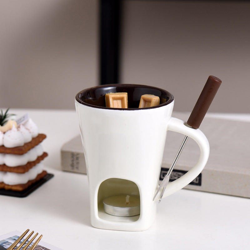 📢 50% de Réduction – Tasse à Fondue au Chocolat en Céramique avec Chauffe-Plat à Bougie, Set 200 ml avec Fourchette