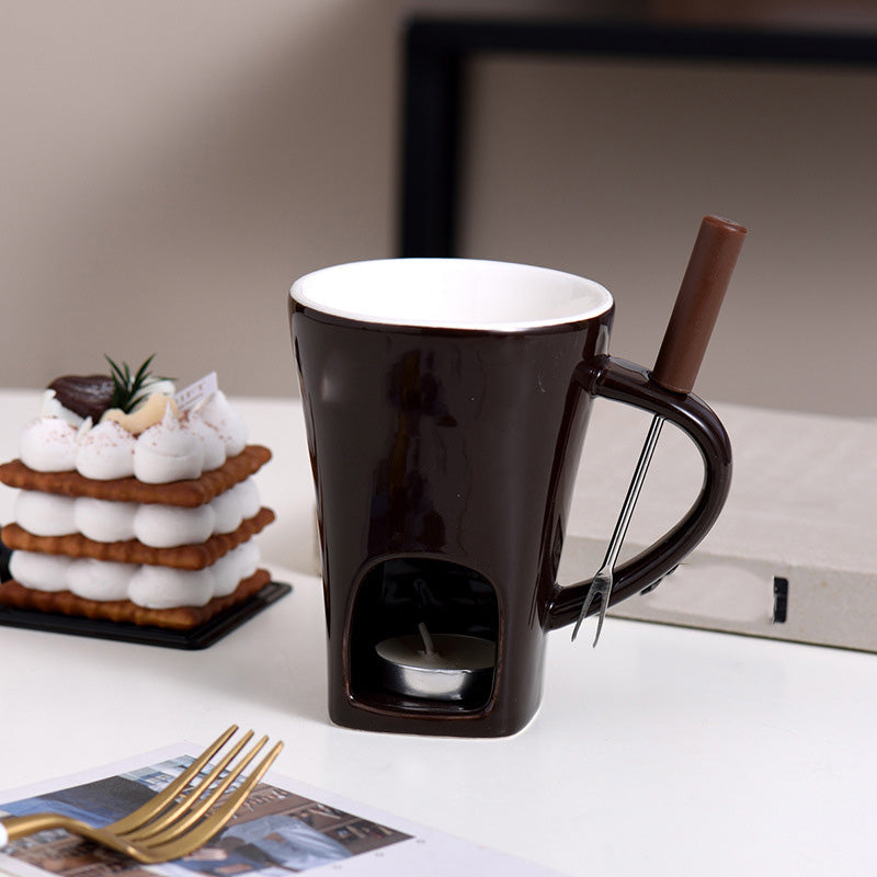 📢 50% de Réduction – Tasse à Fondue au Chocolat en Céramique avec Chauffe-Plat à Bougie, Set 200 ml avec Fourchette
