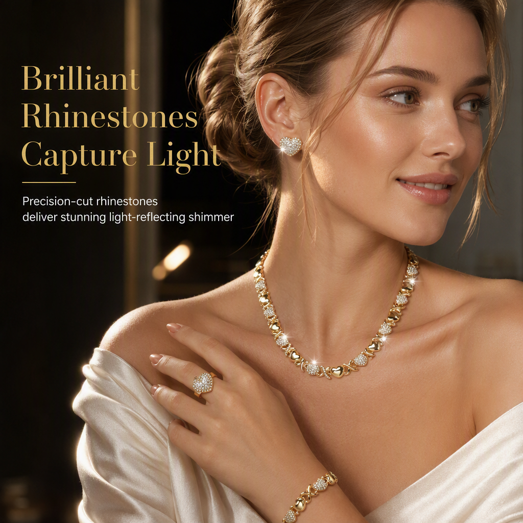 Parure de Bijoux Cœur 4 Pièces Plaqué Or – Collier, Bracelet, Boucles d'Oreilles & Bague