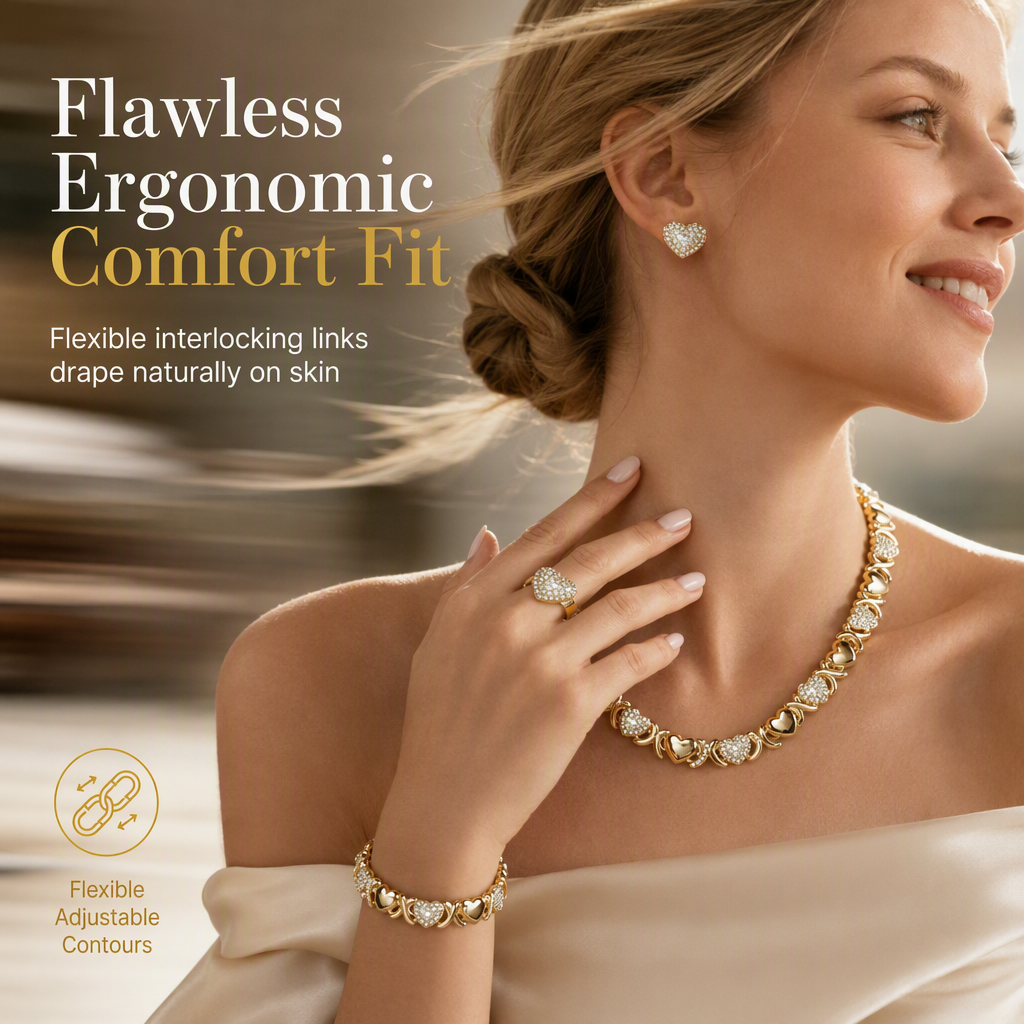 Parure de Bijoux Cœur 4 Pièces Plaqué Or – Collier, Bracelet, Boucles d'Oreilles & Bague