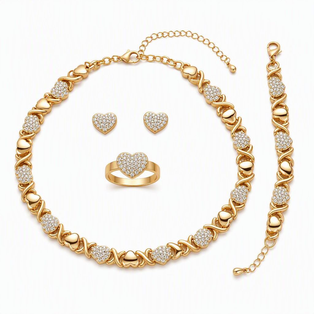 Parure de Bijoux Cœur 4 Pièces Plaqué Or – Collier, Bracelet, Boucles d'Oreilles & Bague
