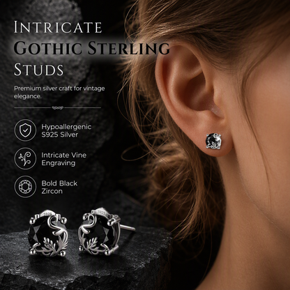 Boucles d'Oreilles Clous Gothiques en Argent – Motif Vigne & Zirconium Noir