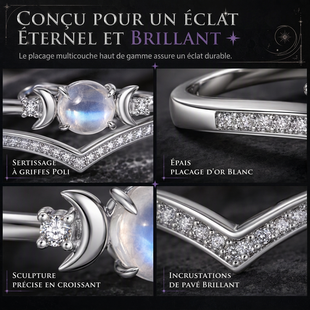 Bague Croissant de Lune Couronne en V – Pierre de Lune & Pavage Brillant
