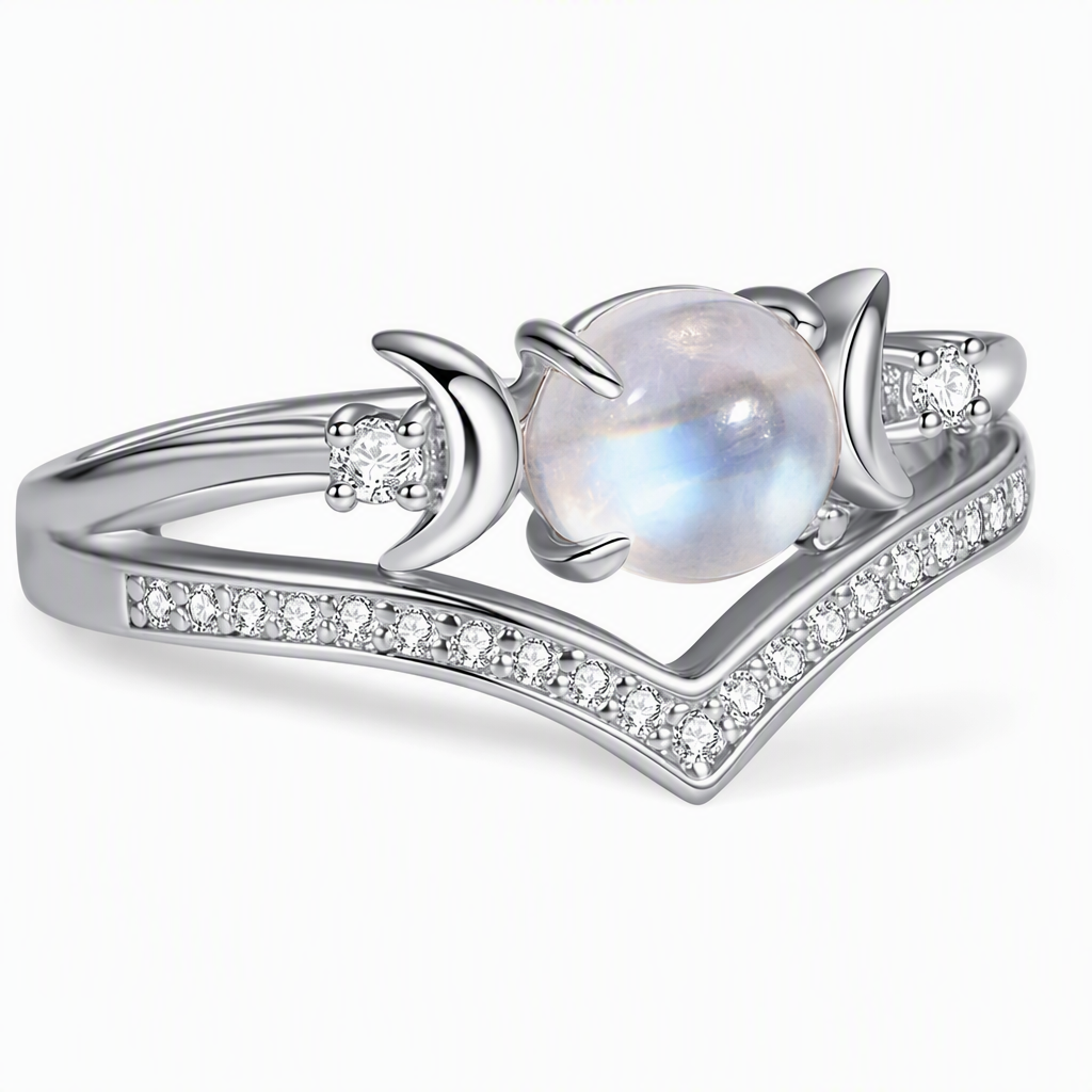 Bague Croissant de Lune Couronne en V – Pierre de Lune & Pavage Brillant