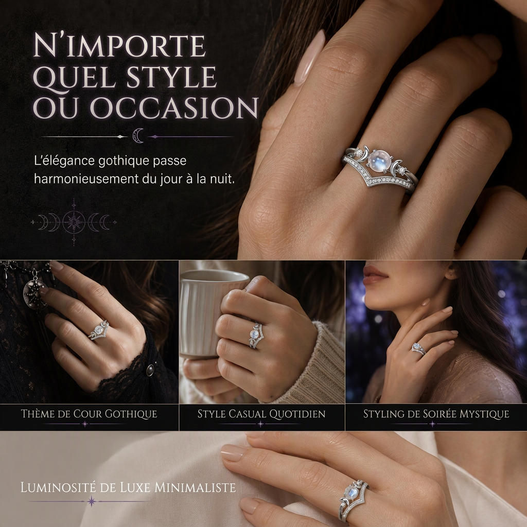 Bague Croissant de Lune Couronne en V – Pierre de Lune & Pavage Brillant