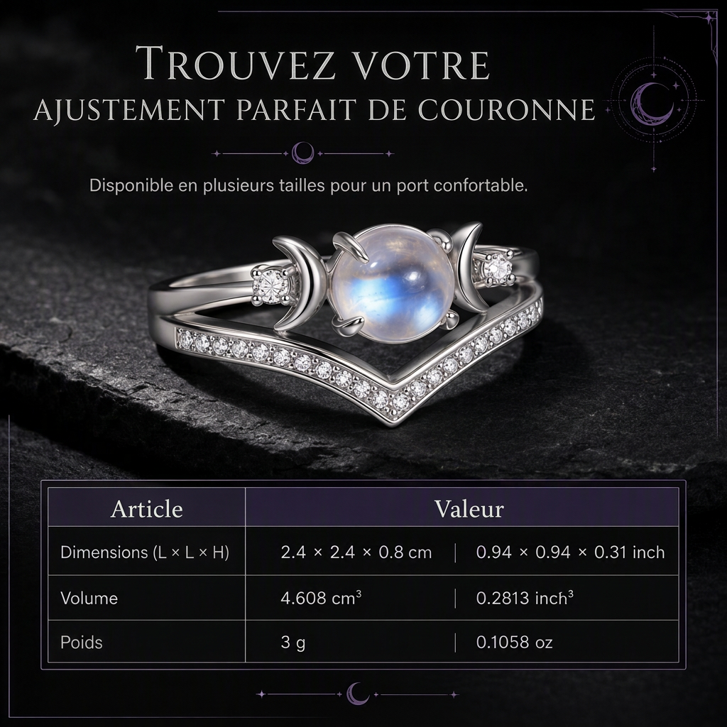 Bague Croissant de Lune Couronne en V – Pierre de Lune & Pavage Brillant