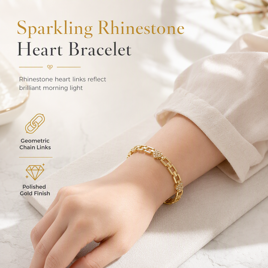 Bracelet Doré Cœurs en Strass – Maillons Ajourés, Fermoir Pliant Sécurisé