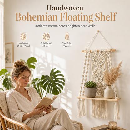 Étagère Murale Macramé Bohème – Tissage Artisanal & Plateau Bois pour Plantes