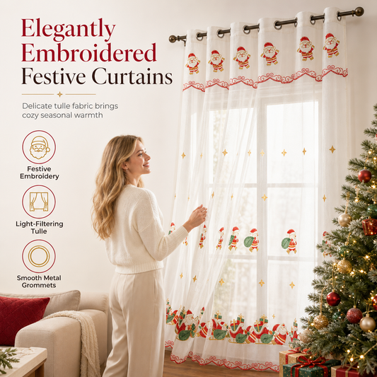 50% de Réduction – Rideau Brodé de Noël en Voile Transparent