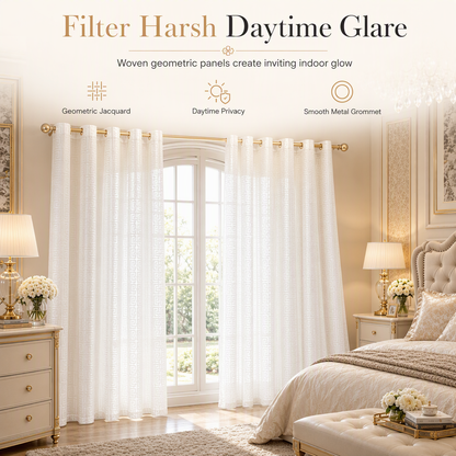 50% de Réduction – Rideau Voilage Jacquard Géométrique Tamisant Salon et Chambre