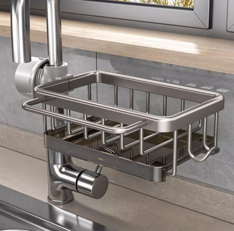 📢 35% de Réduction – Porte-Éponge de Robinet en Aluminium Antirouille, Étagère d'Évier à Séchage Rapide avec Crochets