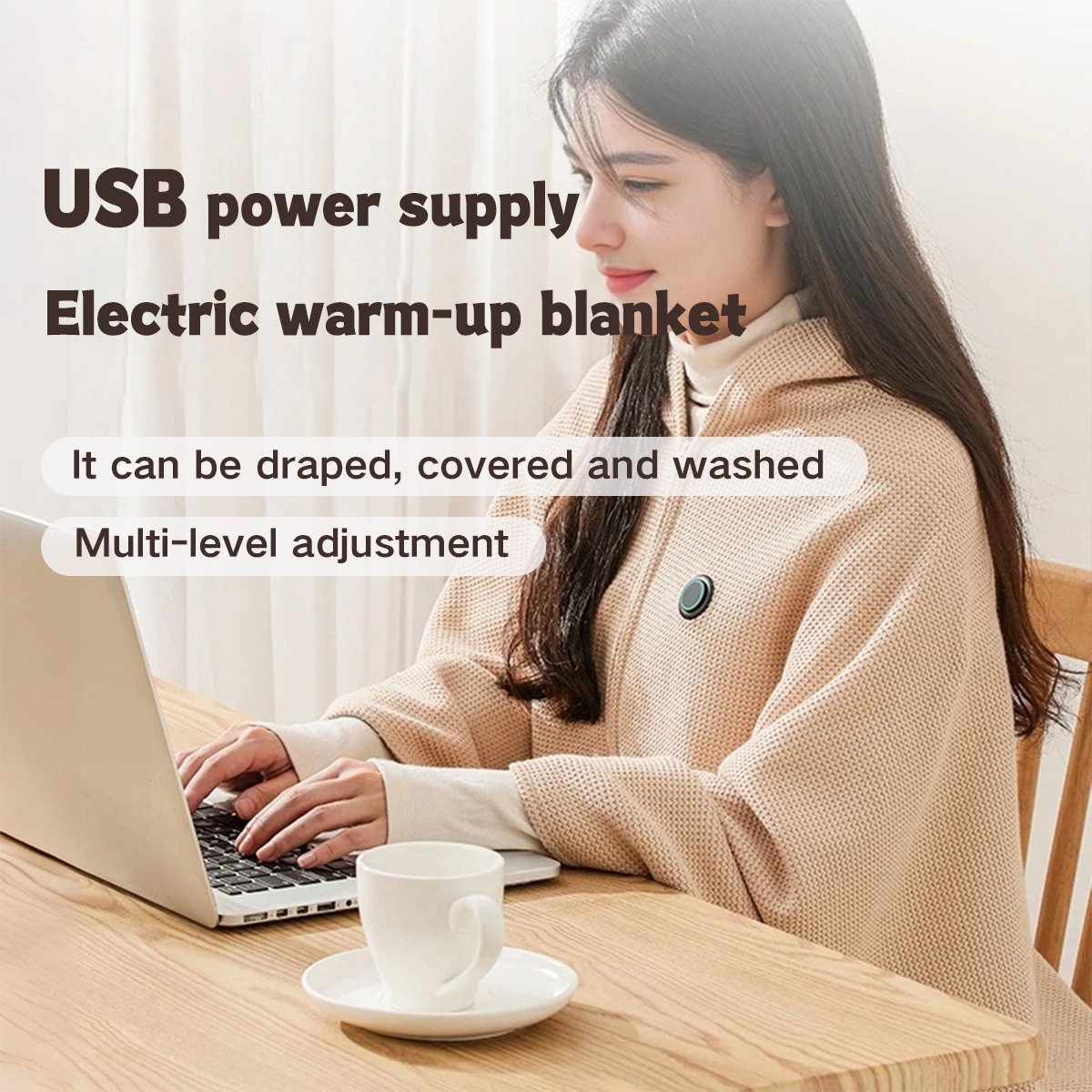 📢 50% de Réduction – Châle Plaid Chauffant Électrique USB en Polaire Douce, Couverture Poncho Chauffante Lavable 3 Niveaux
