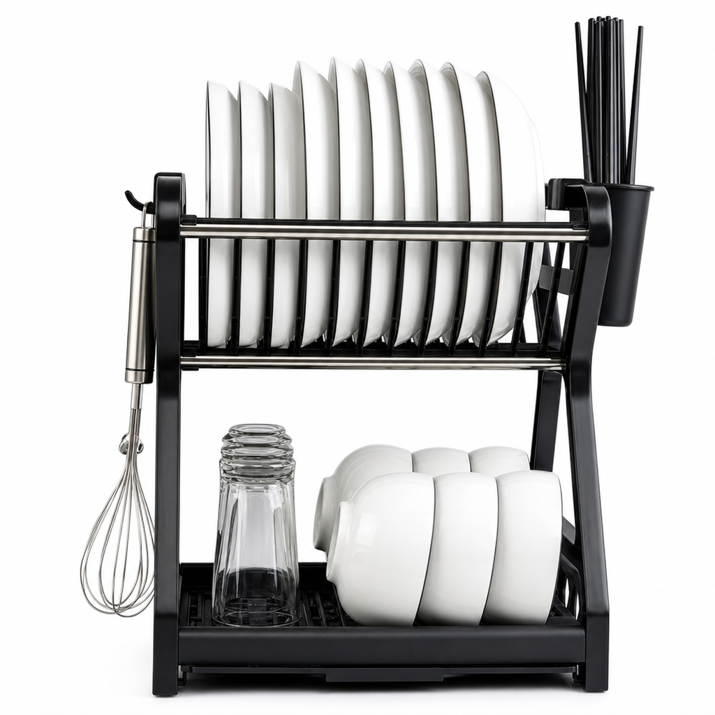 50% de Réduction – Égouttoir à Vaisselle en Acier, Rangement Cuisine Vertical à Niveaux avec Bac d'Égouttage Amovible