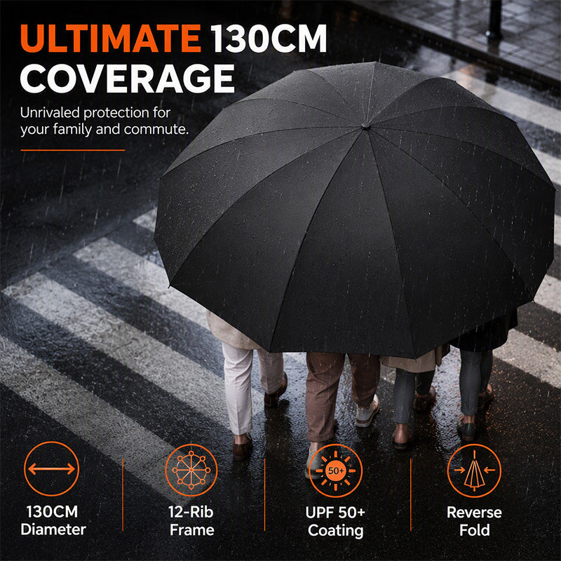 50% de Réduction – Parapluie Pliable Extra-Large 130cm, 12 Baleines Renforcées Coupe-Vent, Anti-UV UPF 50+ et Pliage Inversé