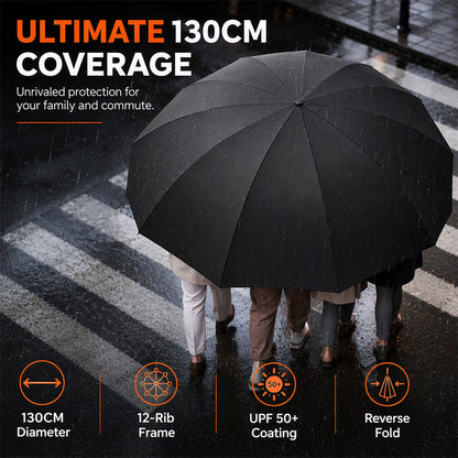 50% de Réduction – Parapluie Pliable Extra-Large 130cm, 12 Baleines Renforcées Coupe-Vent, Anti-UV UPF 50+ et Pliage Inversé