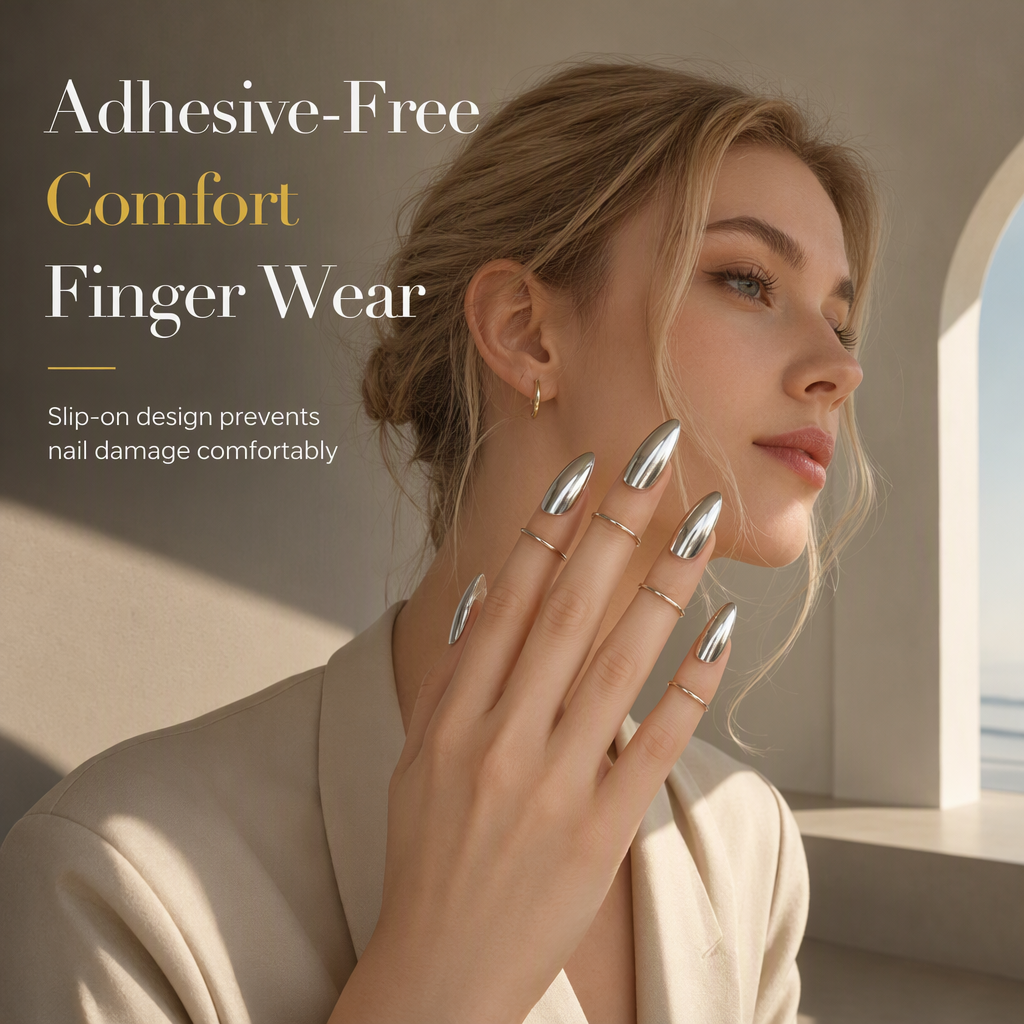50% de Réduction – Bagues d'Ongles Métalliques Réglables Effet Miroir, Bijoux d'Ongles Sans Colle et Réutilisables, Lot de 10