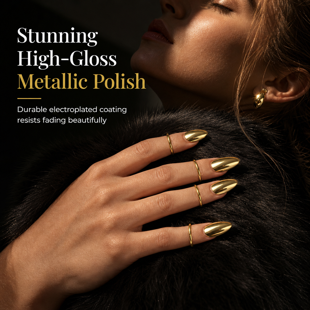 50% de Réduction – Bagues d'Ongles Métalliques Réglables Effet Miroir, Bijoux d'Ongles Sans Colle et Réutilisables, Lot de 10