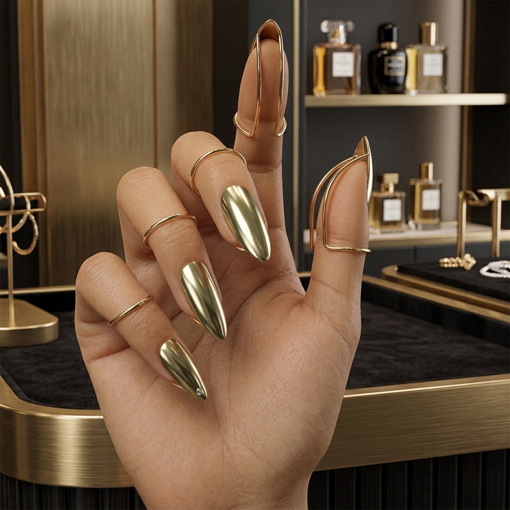 50% de Réduction – Bagues d'Ongles Métalliques Réglables Effet Miroir, Bijoux d'Ongles Sans Colle et Réutilisables, Lot de 10