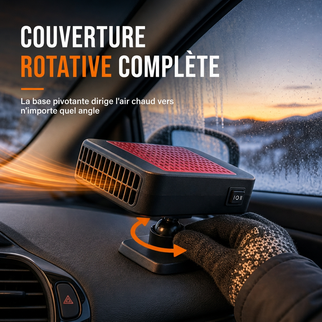 60% de Réduction – Dégivreur et Désembueur Voiture 12V Rotatif 360°, Chauffage Rapide Pare-Brise, Double Mode Chaud et Froid