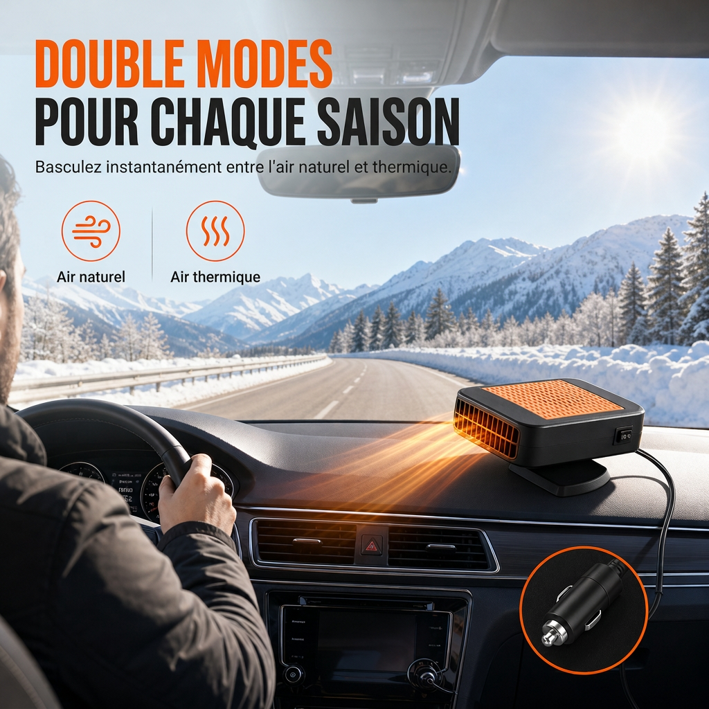 60% de Réduction – Dégivreur et Désembueur Voiture 12V Rotatif 360°, Chauffage Rapide Pare-Brise, Double Mode Chaud et Froid