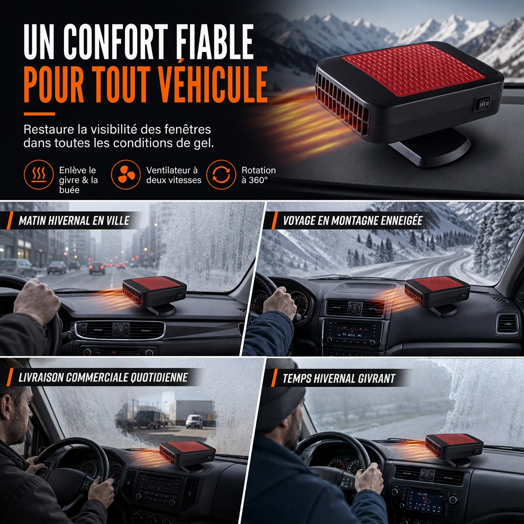 60% de Réduction – Dégivreur et Désembueur Voiture 12V Rotatif 360°, Chauffage Rapide Pare-Brise, Double Mode Chaud et Froid