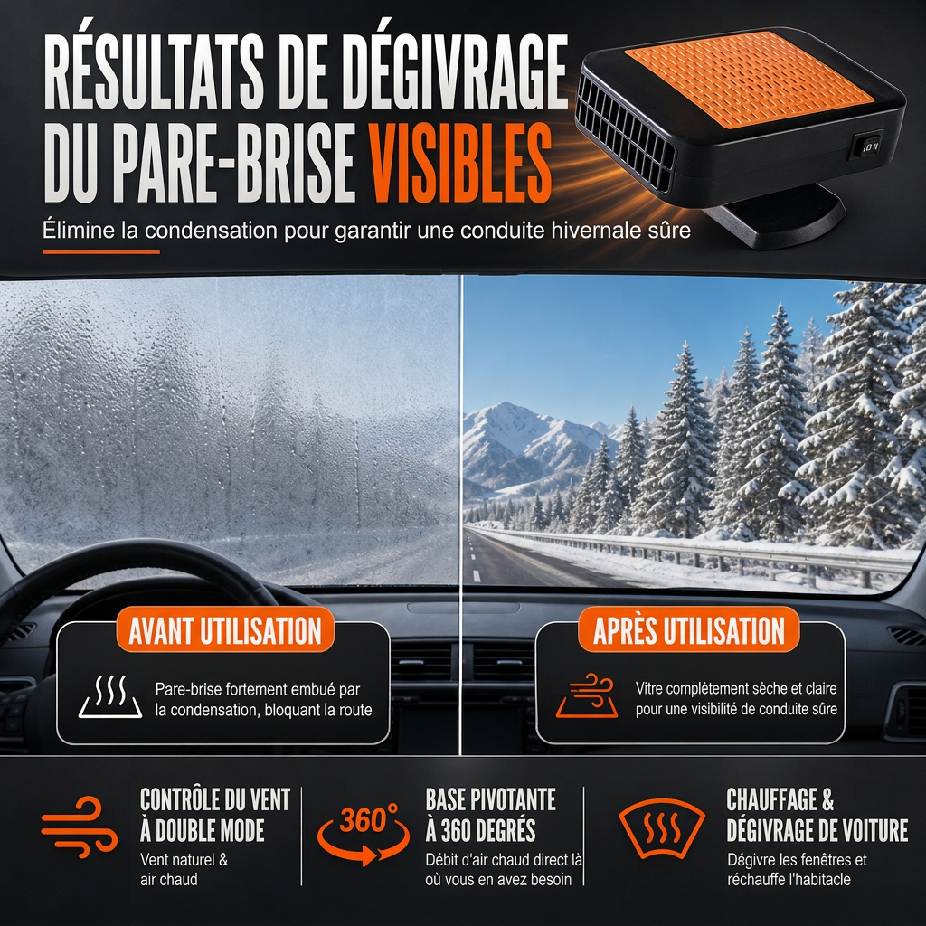 60% de Réduction – Dégivreur et Désembueur Voiture 12V Rotatif 360°, Chauffage Rapide Pare-Brise, Double Mode Chaud et Froid