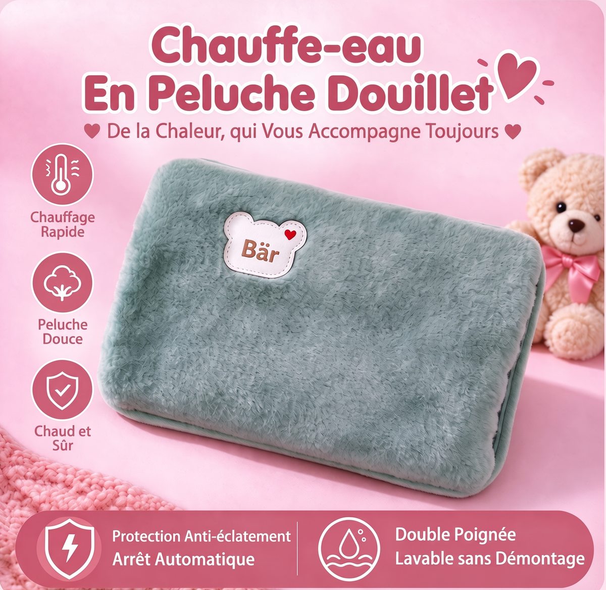 📢 45% de Réduction – Bouillotte Électrique Rechargeable avec Housse Douce, Chauffage Rapide et Arrêt Automatique