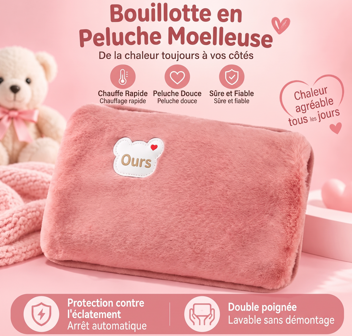 📢 45% de Réduction – Bouillotte Électrique Rechargeable avec Housse Douce, Chauffage Rapide et Arrêt Automatique