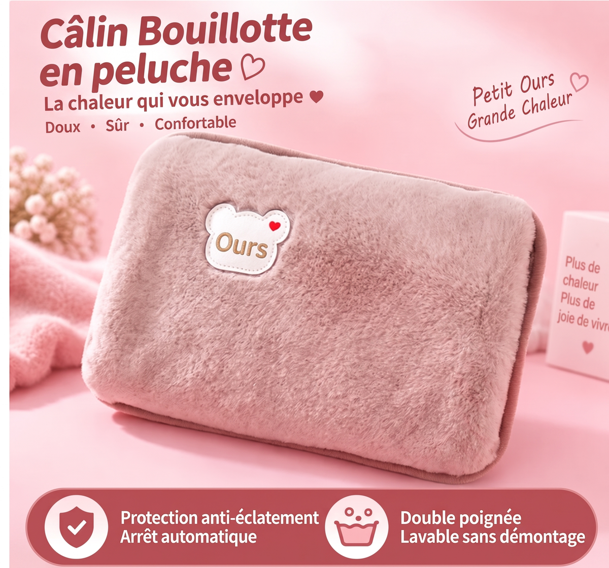 📢 45% de Réduction – Bouillotte Électrique Rechargeable avec Housse Douce, Chauffage Rapide et Arrêt Automatique