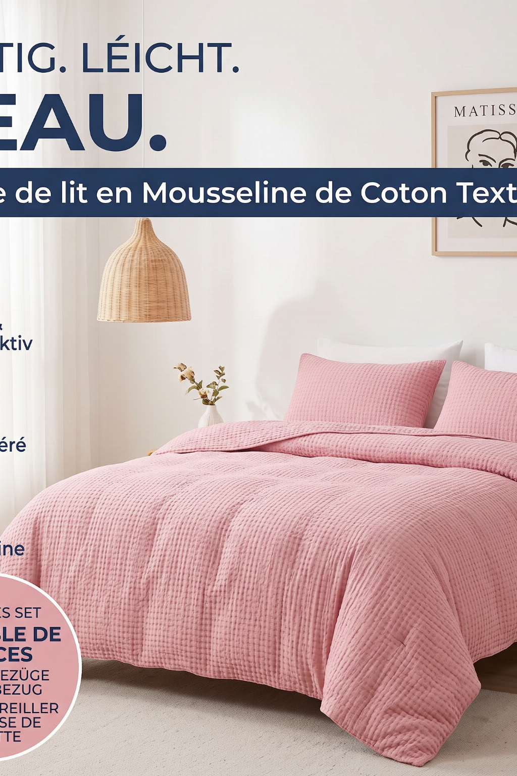 📢 40% de Réduction – Parure de Lit 3 Pièces Plissée Pintuck, Housse de Couette Respirante Infroissable et Taies d'Oreiller