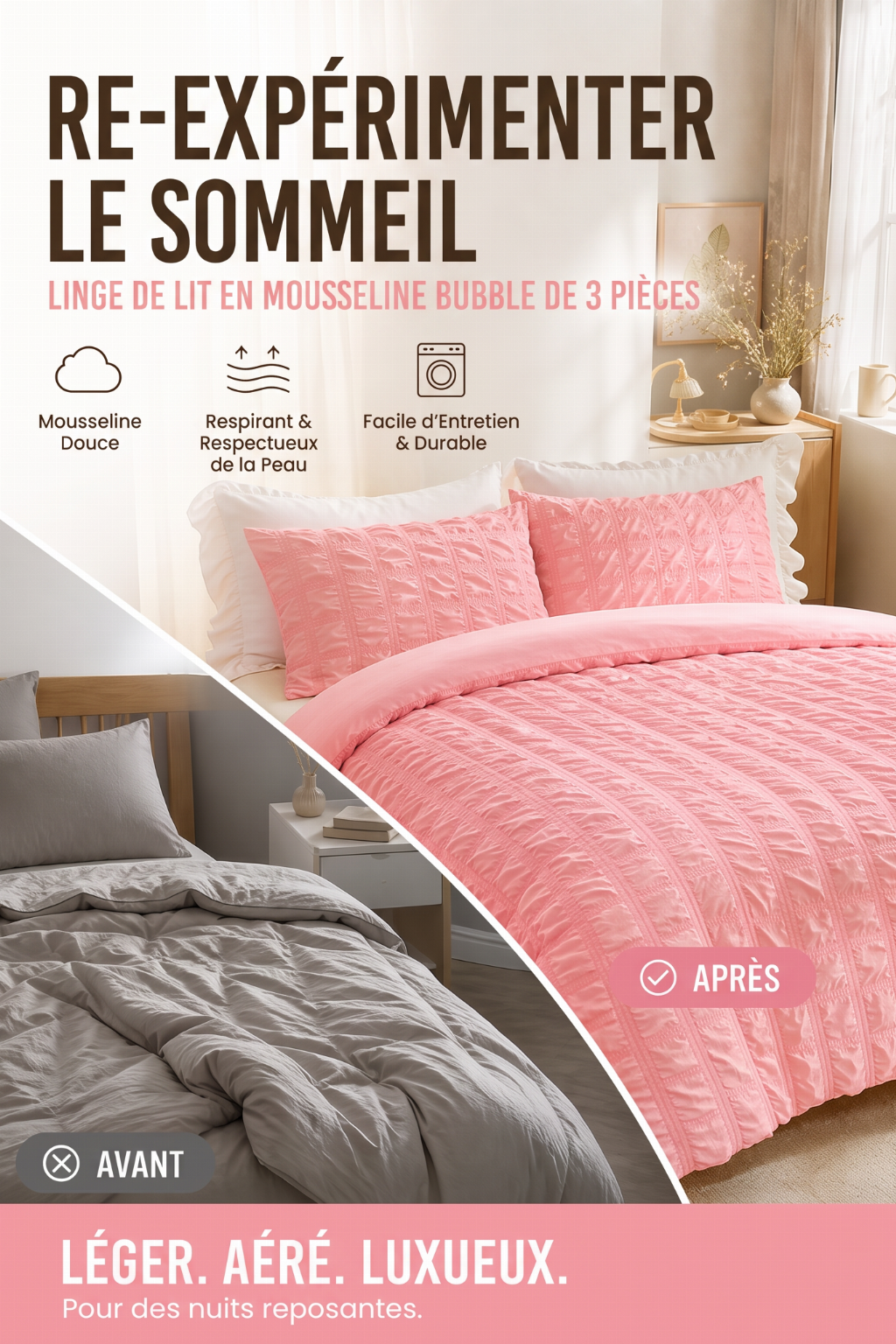 📢 40% de Réduction – Parure de Lit 3 Pièces Plissée Pintuck, Housse de Couette Respirante Infroissable et Taies d'Oreiller