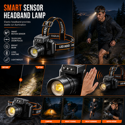 📢 50% de Réduction – Lampe Frontale LED Rechargeable Puissante avec Capteur de Mouvement et Zoom pour Pêche et Randonnée