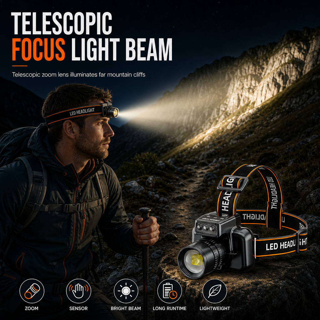 📢 50% de Réduction – Lampe Frontale LED Rechargeable Puissante avec Capteur de Mouvement et Zoom pour Pêche et Randonnée