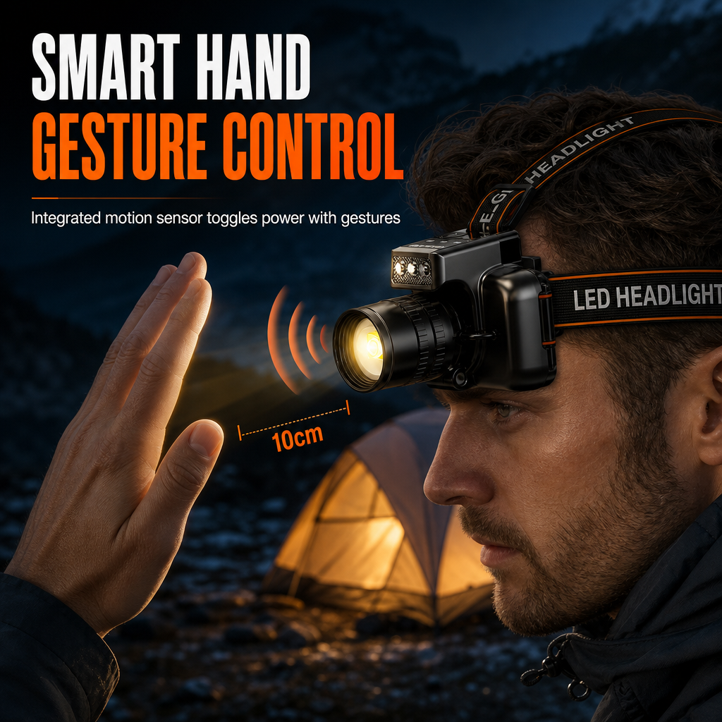 📢 50% de Réduction – Lampe Frontale LED Rechargeable Puissante avec Capteur de Mouvement et Zoom pour Pêche et Randonnée
