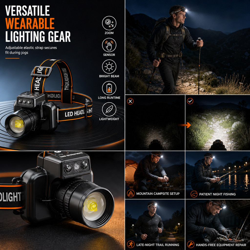 📢 50% de Réduction – Lampe Frontale LED Rechargeable Puissante avec Capteur de Mouvement et Zoom pour Pêche et Randonnée