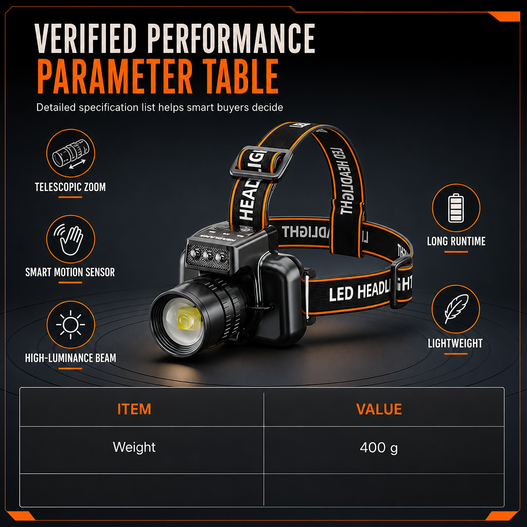 📢 50% de Réduction – Lampe Frontale LED Rechargeable Puissante avec Capteur de Mouvement et Zoom pour Pêche et Randonnée