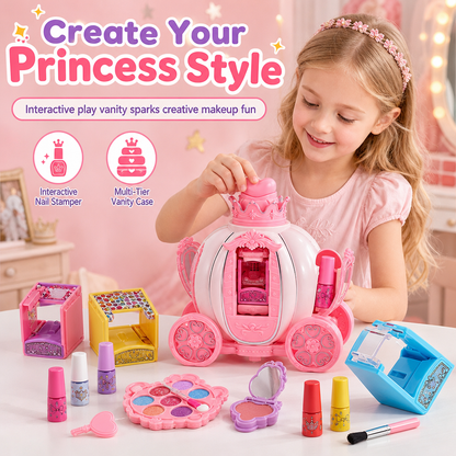 📢 42% de Réduction – Coffret de Maquillage Enfant Lavable Princesse avec Mallette Dépliable et Tampon à Ongles Magique